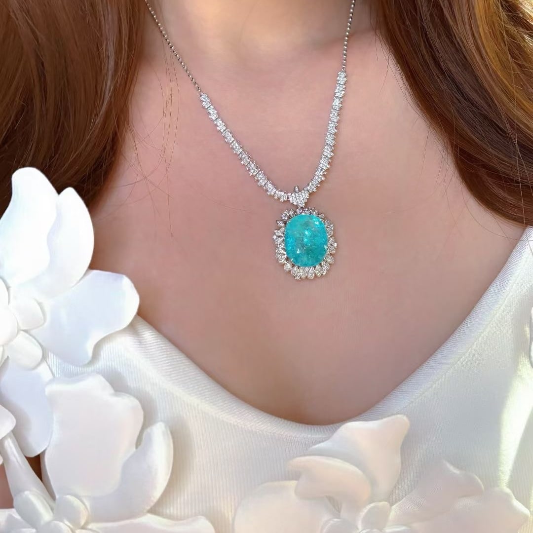 14k Gold 15 Ct Natural Paraiba Tourmaline & Diamond Necklace - 2