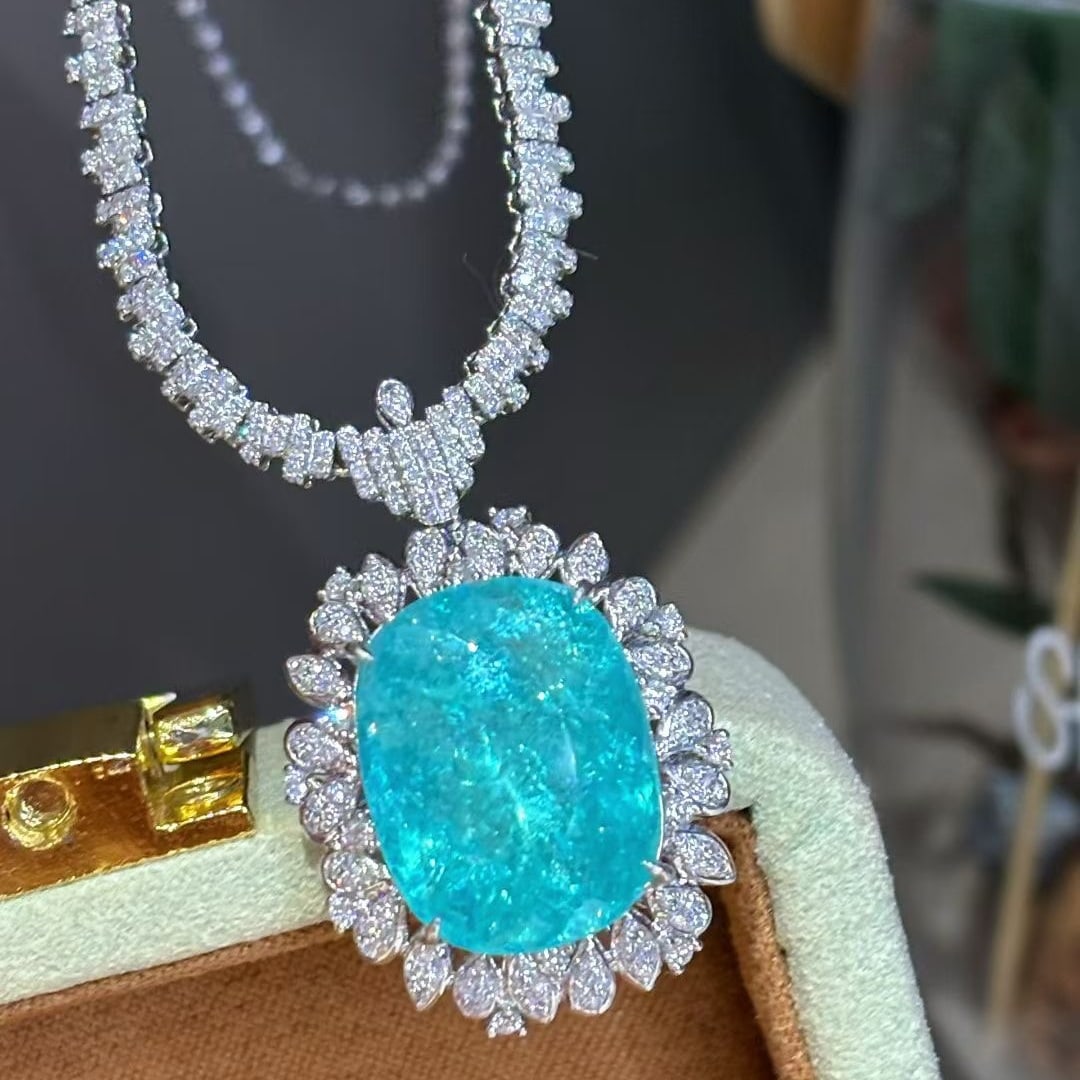 14k Gold 15 Ct Natural Paraiba Tourmaline & Diamond Necklace - 3