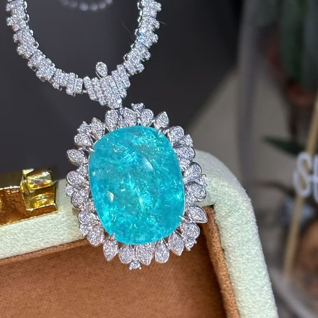 14k Gold 15 Ct Natural Paraiba Tourmaline & Diamond Necklace - 4