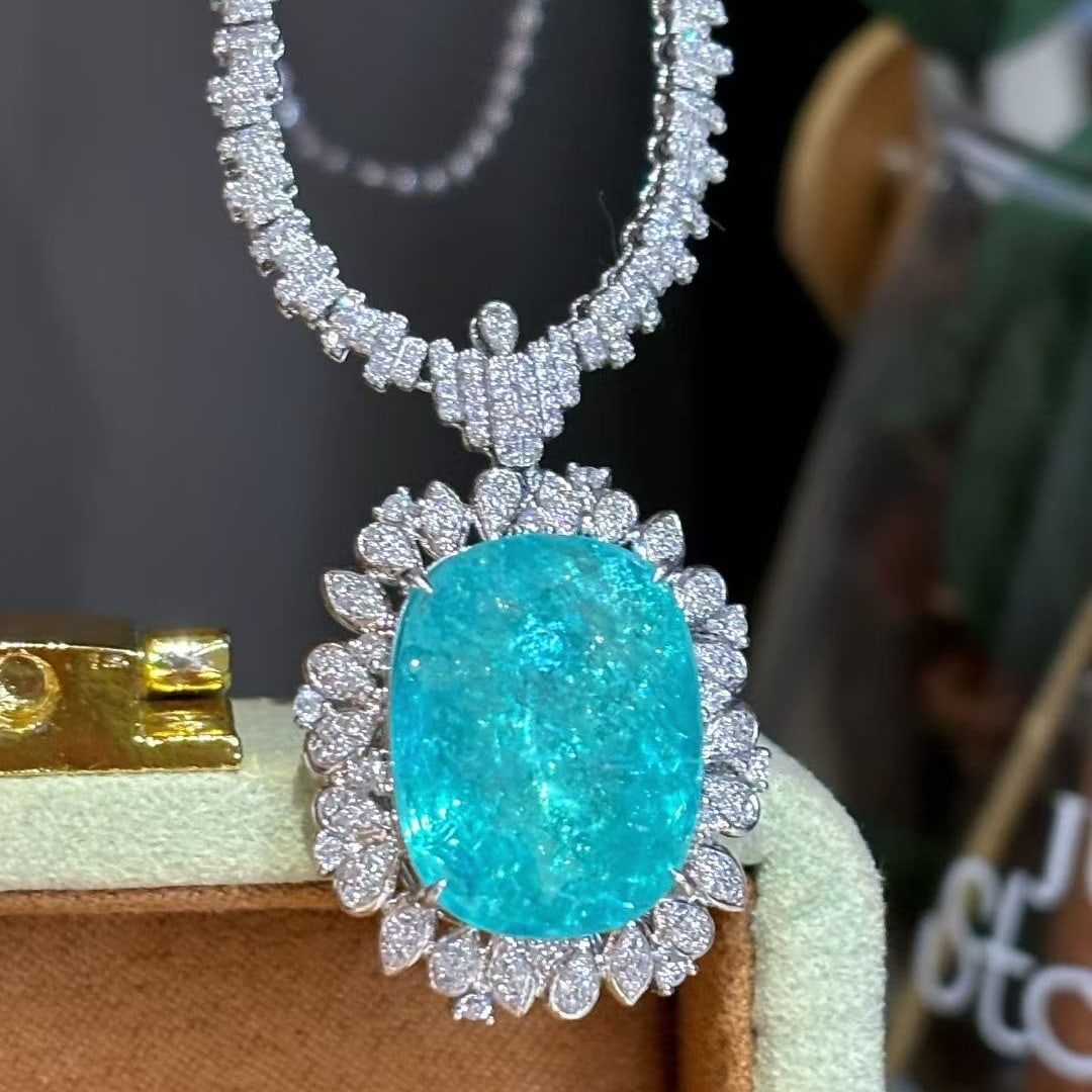 14k Gold 15 Ct Natural Paraiba Tourmaline & Diamond Necklace - 5