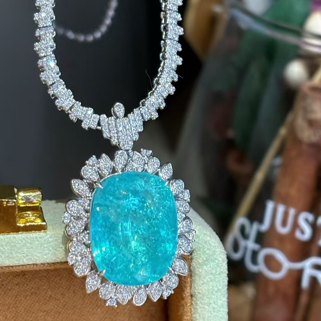 14k Gold 15 Ct Natural Paraiba Tourmaline & Diamond Necklace - 6