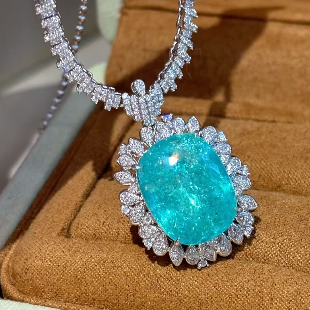 14k Gold 15 Ct Natural Paraiba Tourmaline & Diamond Necklace - 7
