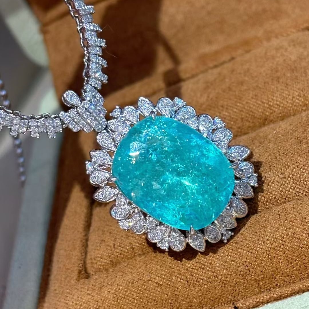 14k Gold 15 Ct Natural Paraiba Tourmaline & Diamond Necklace - 8
