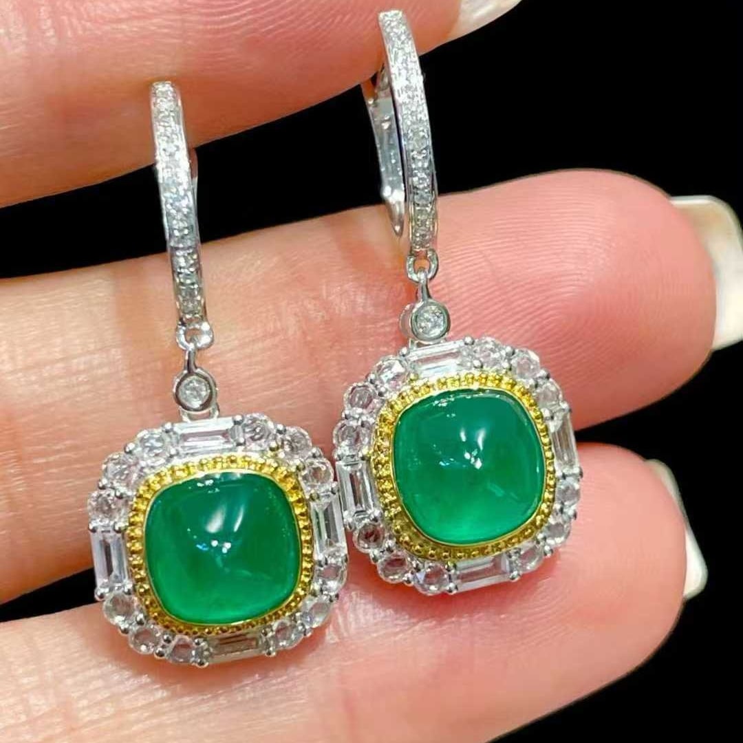 14k Gold 3.3 Ct Natural Emerald & Sapphire & Diamond Earrings - 2