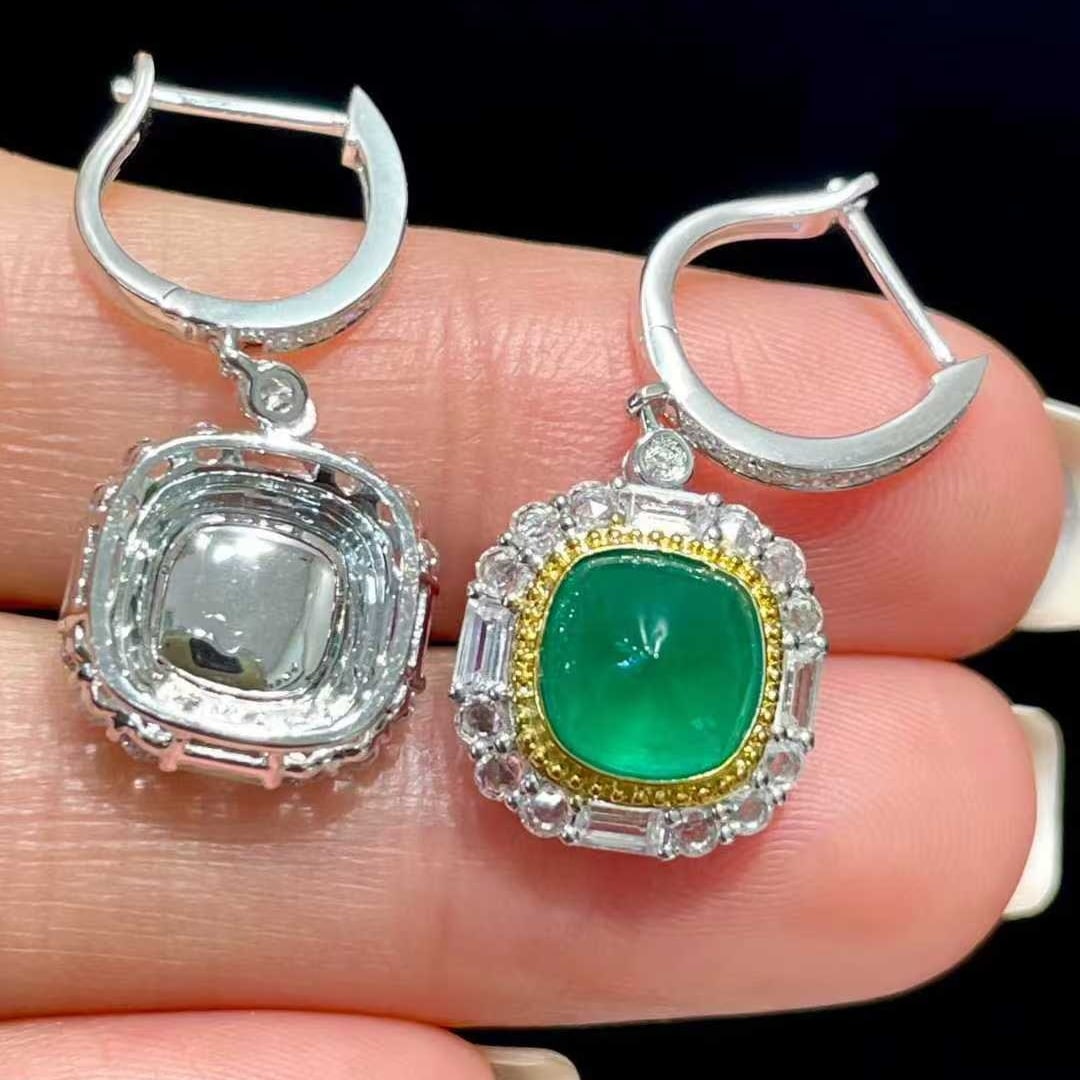 14k Gold 3.3 Ct Natural Emerald & Sapphire & Diamond Earrings - 3