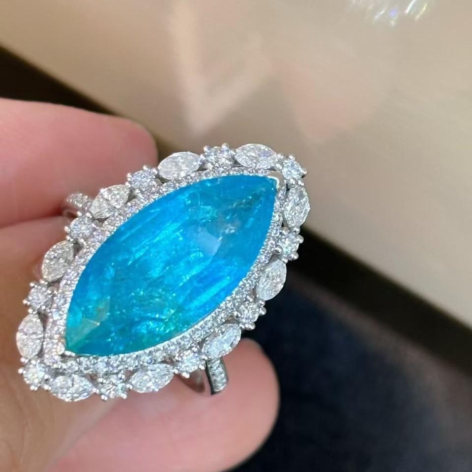 14k Gold 4.45 Ct Natural Paraiba Tourmaline & Diamond Ring/pendant( Without Chain ): Ref:231039134 // gold content:14k gold // ring size:7. 25us // // main gemstone:paraiba tourmaline // shape:marquise // carat weight:4. 45ct // color:neon blue // treatment:natural // // adjacent gems