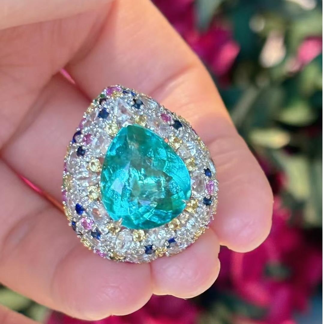 14k Gold 8.90 Ct Natural Paraiba Tourmaline & Diamond & Coloured Gemstone Ring: Ref:231039135 // gold content:14k gold // ring size:7. 25us // // main gemstone:paraiba tourmaline // shape:pear // carat weight:8. 90ct // color:greenish blue // treatment:natural // // adjacent gems