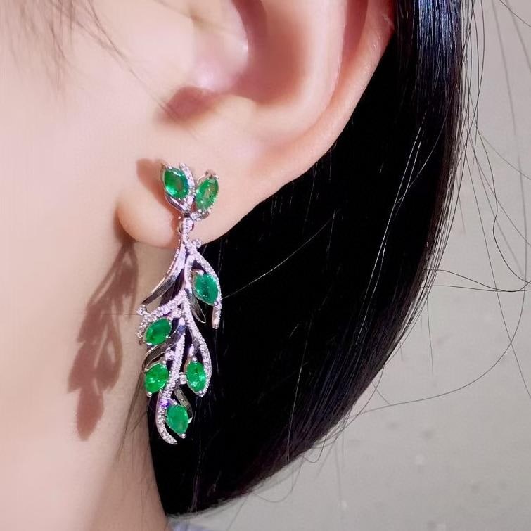 14k Gold 3.28 Ctw Natural Emerald & Diamond Earrings - 2