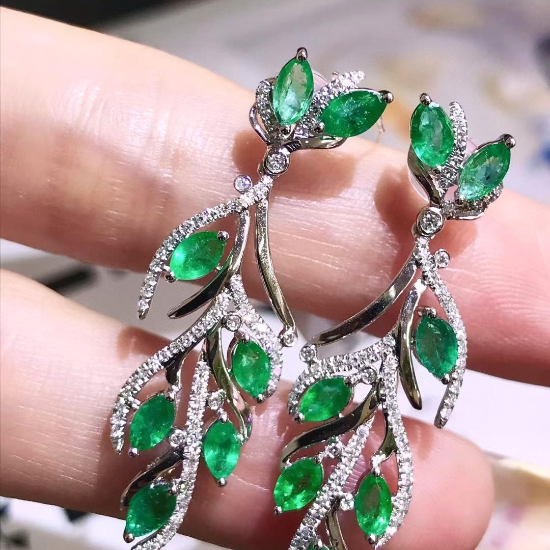 14k Gold 3.28 Ctw Natural Emerald & Diamond Earrings - 4