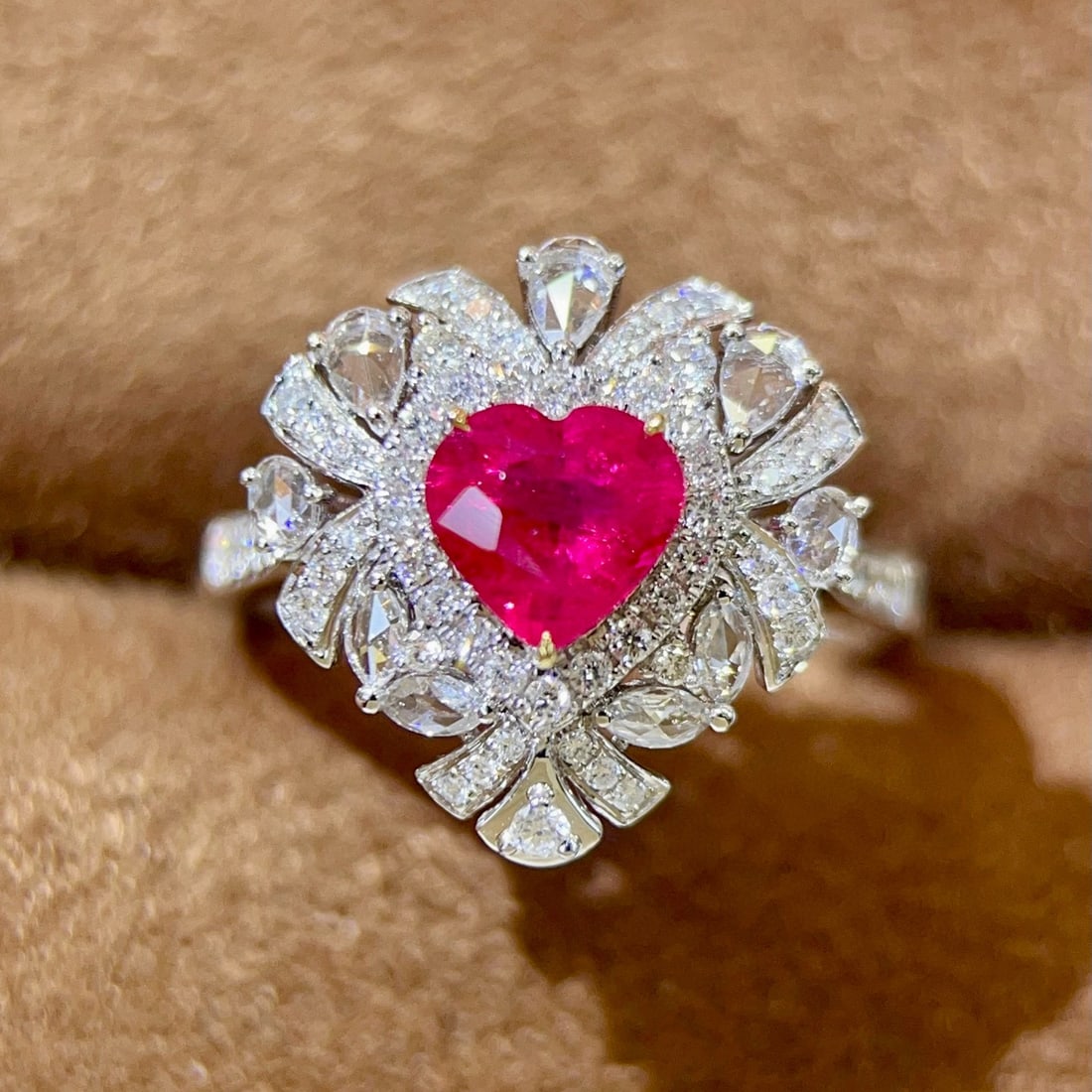 14k Gold 1.26 Ctw Natural Ruby & Diamond Ring: Ref:231039143 // gold content:14k gold // ring size:7. 25us // // main gemstone:ruby // shape:heart // carat weight:0. 81ct // color:red // treatment:natural // // adjacent gemstone 2 : diamond // sha