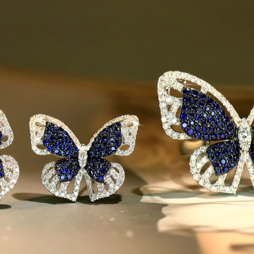14k Gold 1.1 Ctw Natural Sapphire & Diamond & Butterfly Jewelry Set: Ref:231039165 // gold content:14k gold // ring size:7. 25us // // earrings // main gemstone:sapphire // shape:round // carat weight:0. 6ct // color:blue // treatment:natural // cut grade:g // // adjac
