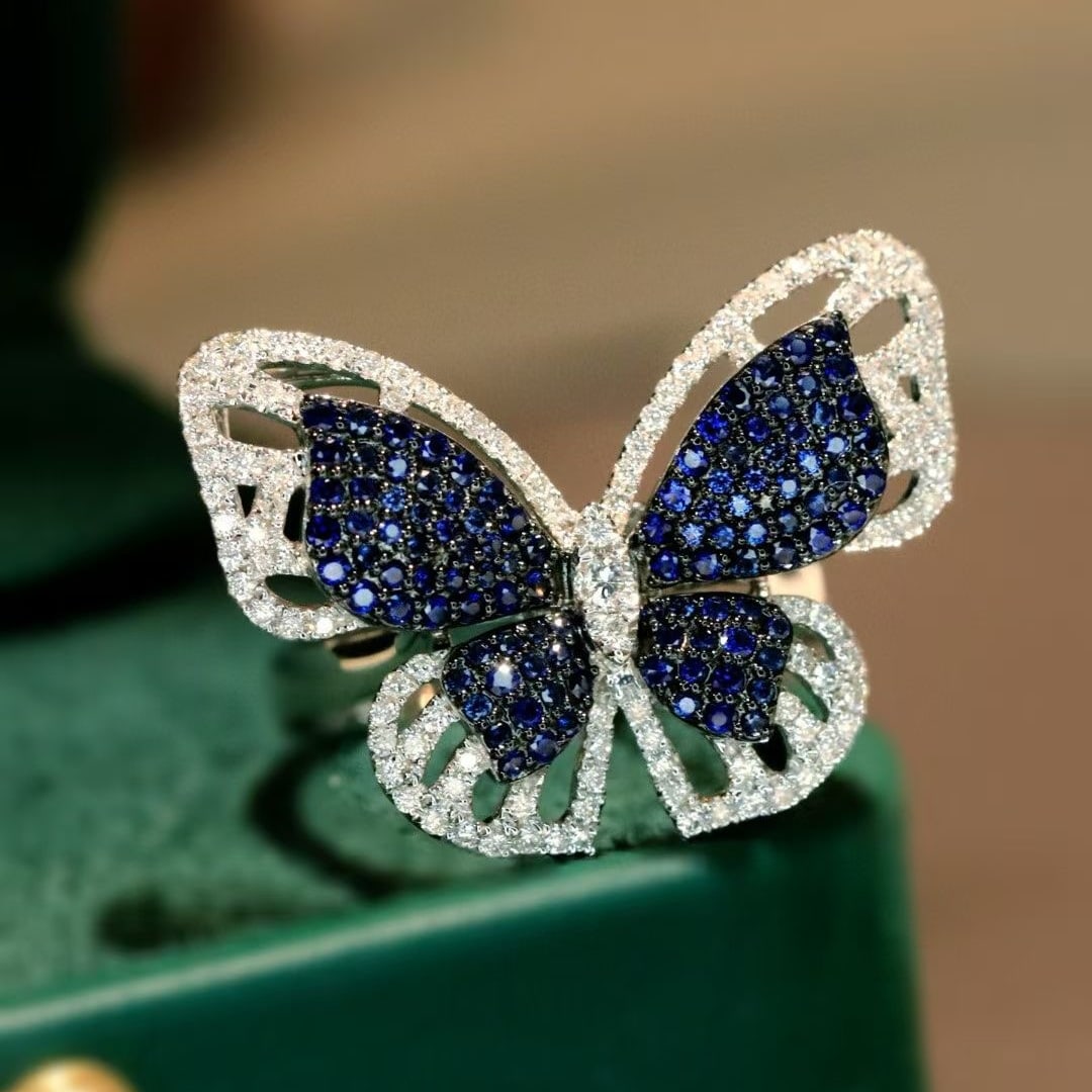 14k Gold 1.1 Ctw Natural Sapphire & Diamond & Butterfly Jewelry Set - 2