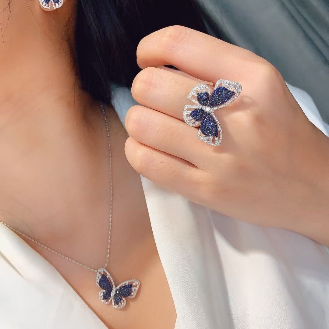 14k Gold 1.1 Ctw Natural Sapphire & Diamond & Butterfly Jewelry Set - 3