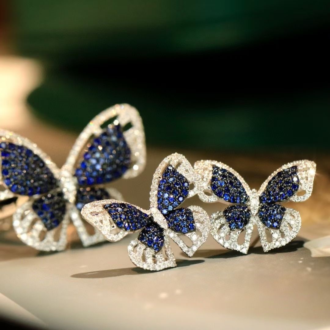 14k Gold 1.1 Ctw Natural Sapphire & Diamond & Butterfly Jewelry Set - 4