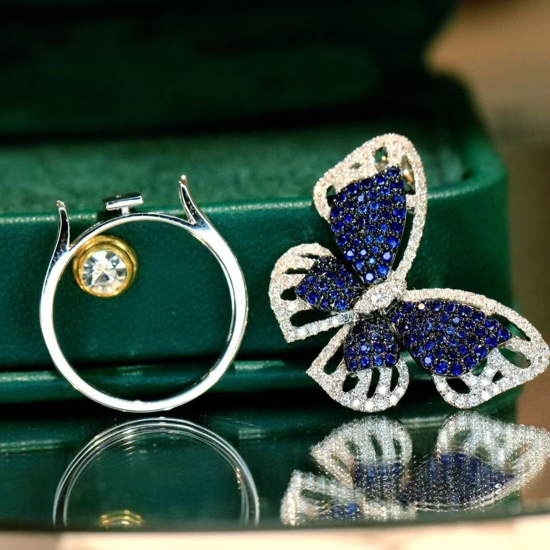 14k Gold 1.1 Ctw Natural Sapphire & Diamond & Butterfly Jewelry Set - 5