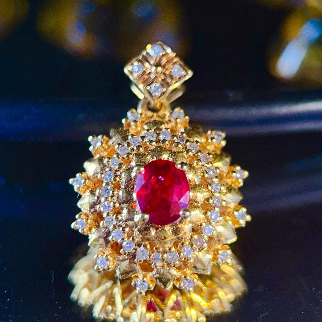 14k Gold 0.5 Ct Natural Ruby & Diamond Pendant( Without Chain ): Ref:231039192 // gold content:14k gold // main gemstone:ruby // shape:oval // carat weight:0. 5ct // color:red // treatment:natural // // adjacent gemstone 2 : diamond // number of stones:40 // shape: