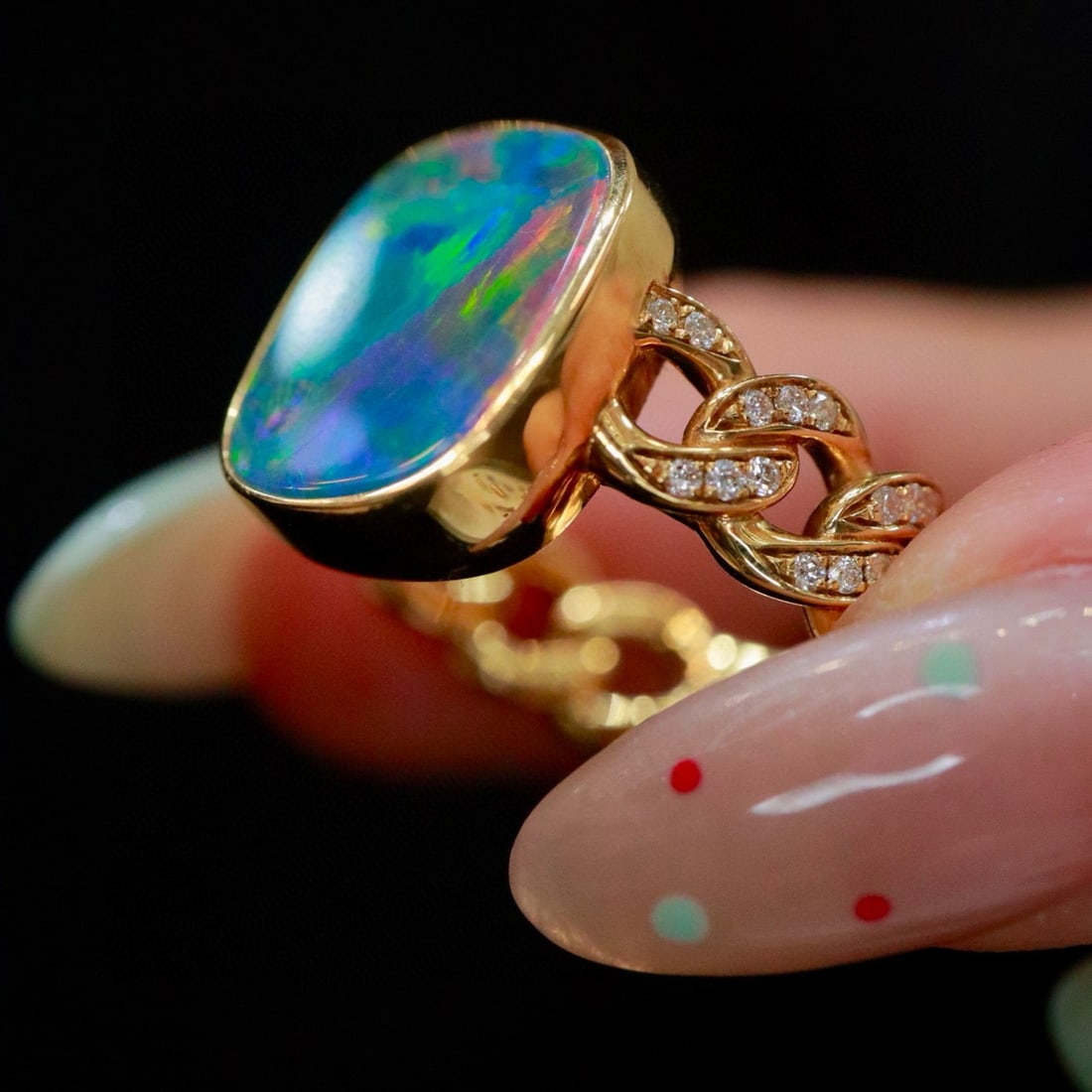 14k Gold 4.15 Ctw Natural Opal & Diamond Ring - 7