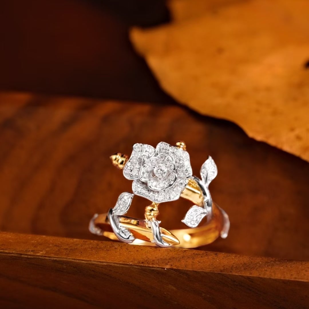 14k Gold 0.3 Ct Natural H Diamond & Flowers Ring: Ref:231039204 // gold content:14k gold // ring size:7. 25us // // main gemstone:diamond // shape:round // carat weight:0. 3ct // clarity grade:vs-si // color:h // treatment:natural // cut grade:g //