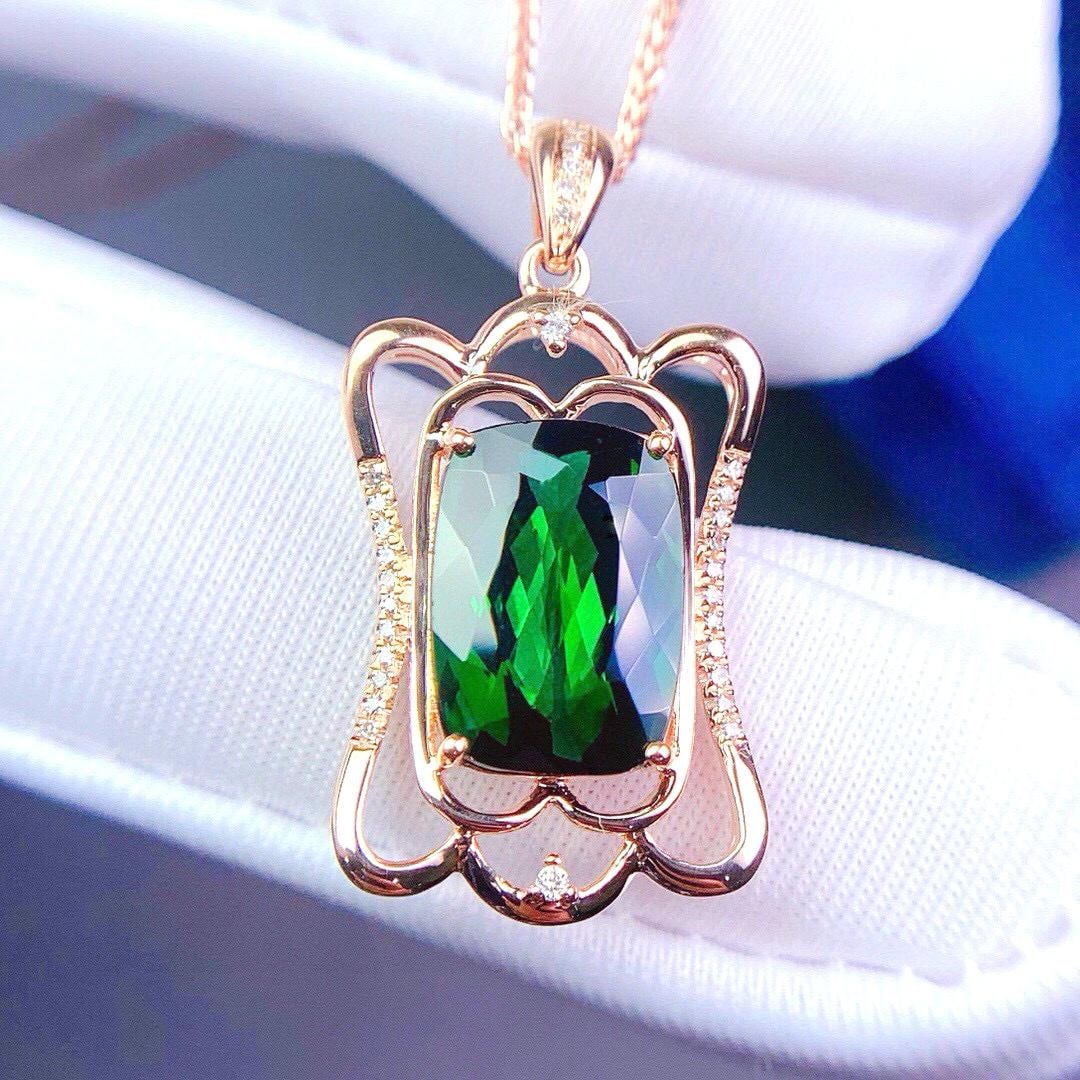 14k Gold 5.2 Ct Natural Tourmaline & Diamond Pendant( Without Chain ): Ref:231039218 // gold content:14k gold // main gemstone:tourmaline // shape:cushion // carat weight:5. 2ct // color:green // treatment:natural // // adjacent gemstone 2 : diamond // number of