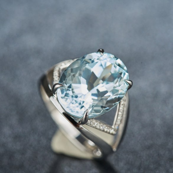 14k Gold 6.95 Ct Natural Aquamarine & Diamond Ring - 5