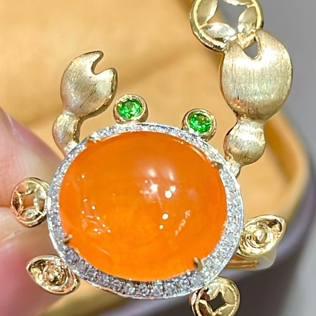 14k Gold 8.8 Ct Natural Spessartine & Diamond & Tsavorite Ring: Ref:231039226 // gold content:14k gold // ring size:7. 25us // // main gemstone:spessartine // shape:oval // carat weight:8. 8ct // color:orange // treatment:natural // // adjacent gemstone 2 : diamon