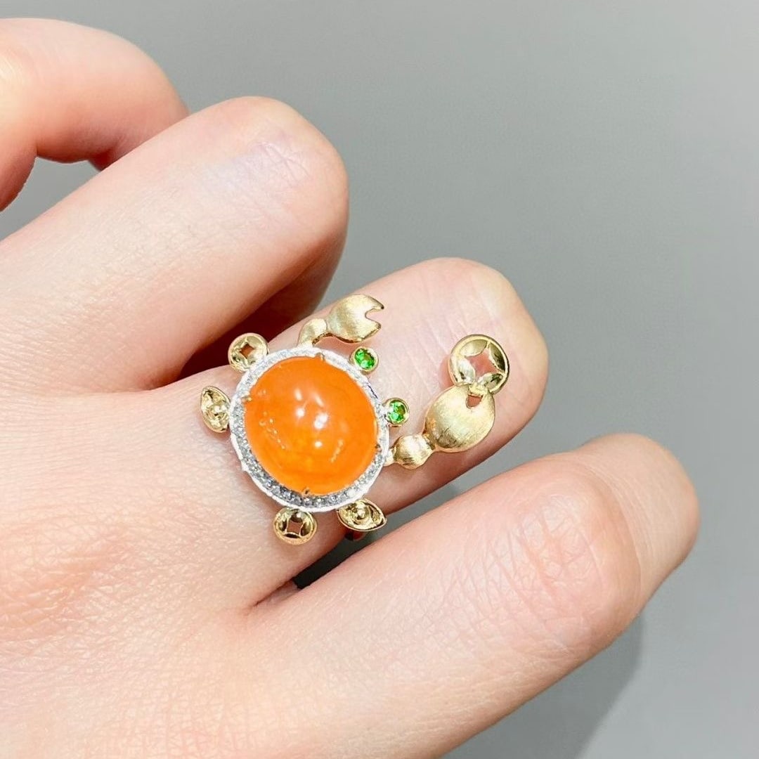 14k Gold 8.8 Ct Natural Spessartine & Diamond & Tsavorite Ring - 4