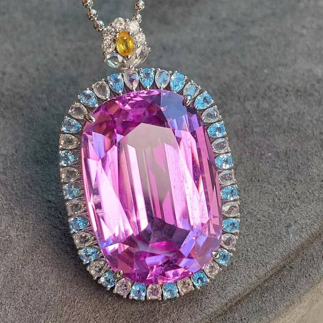 14k Gold 53.27 Ctw Natural Kunzite & Coloured Gemstone Pendant( Without Chain ): Ref:231039227 // gold content:14k gold // main gemstone:kunzite // shape:cushion // carat weight:48. 6ct // color:purple // treatment:natural // // adjacent gemstone 2 : coloured gemstone //