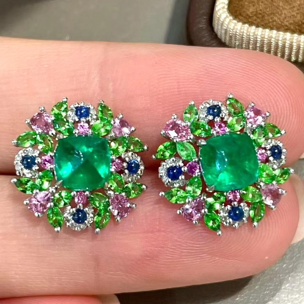 14k Gold 2 Ct Natural Emerald & Coloured Gemstone & Diamond Earrings: Ref:231039230 // gold content:14k gold // main gemstone:emerald // shape:sugar-loaf // carat weight:2ct // color:green // treatment:natural // // adjacent gemstone 2 : coloured gemstone //