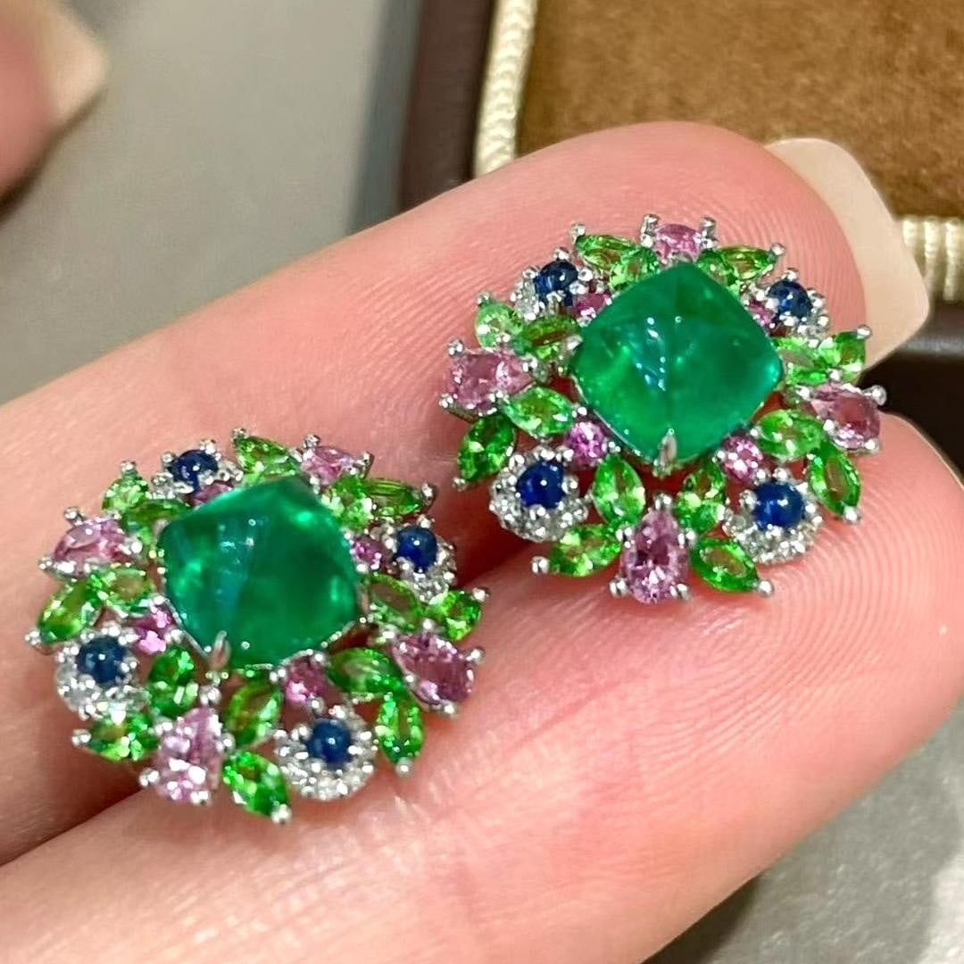 14k Gold 2 Ct Natural Emerald & Coloured Gemstone & Diamond Earrings - 2