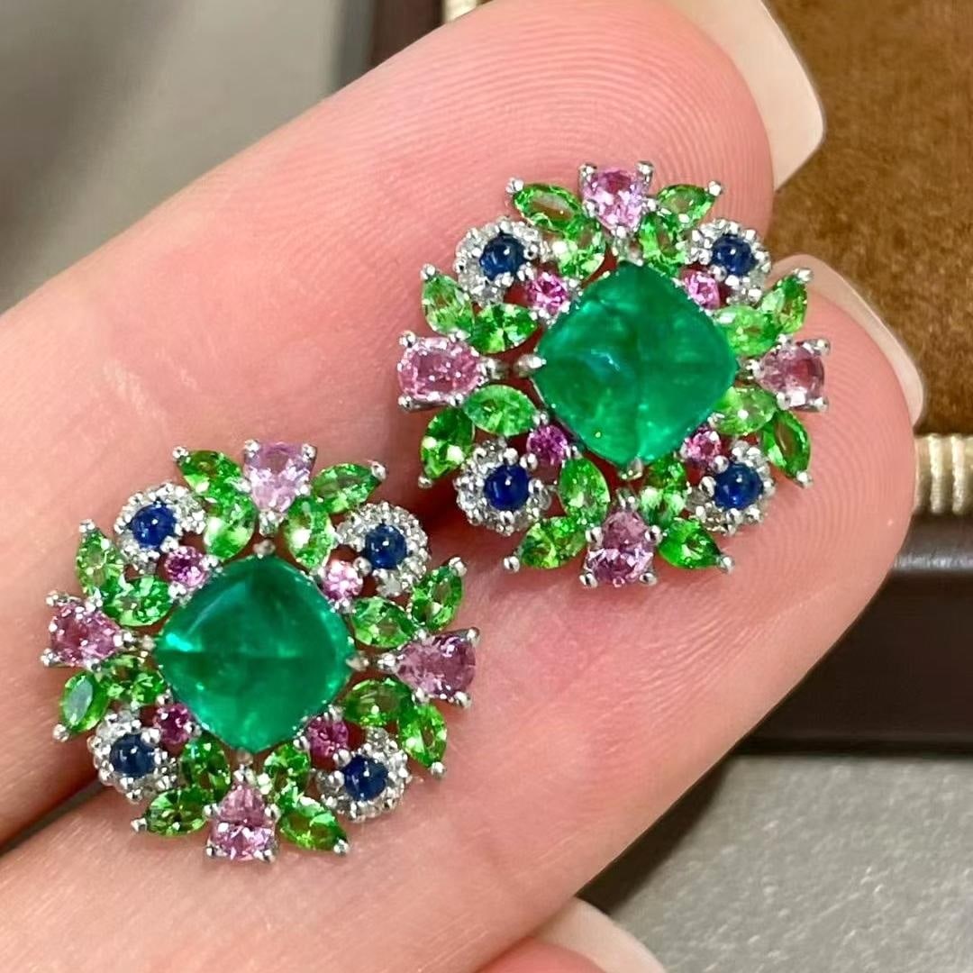 14k Gold 2 Ct Natural Emerald & Coloured Gemstone & Diamond Earrings - 3