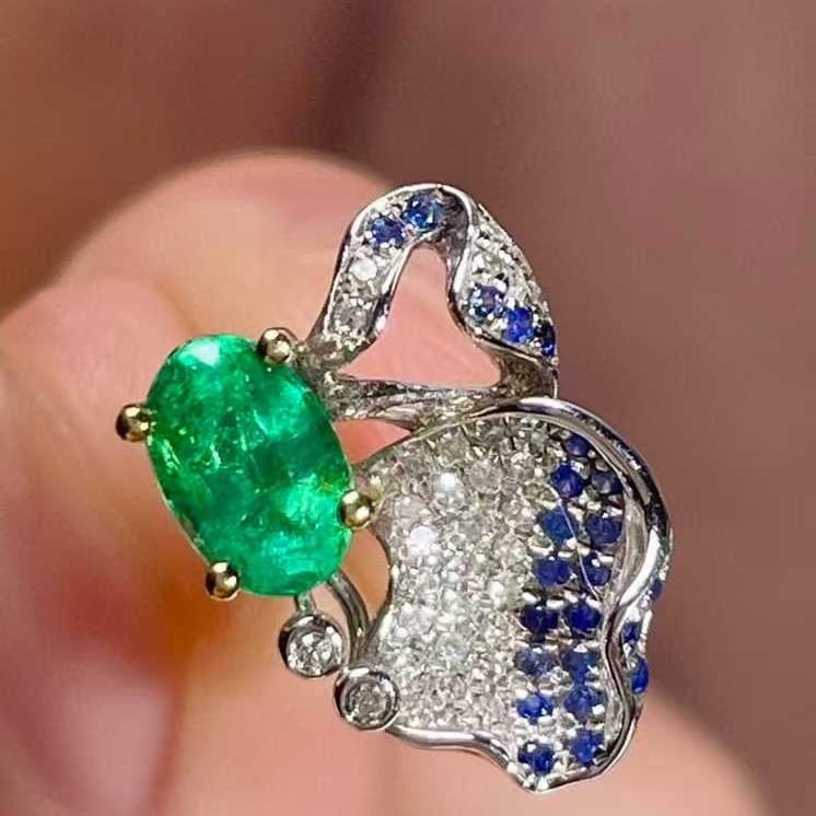 14k Gold 1 Ct Natural Emerald & Diamond & Sapphire Earrings - 2