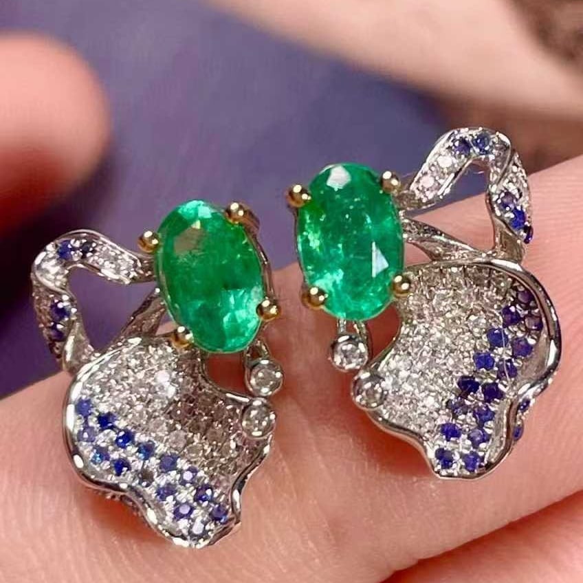 14k Gold 1 Ct Natural Emerald & Diamond & Sapphire Earrings - 3