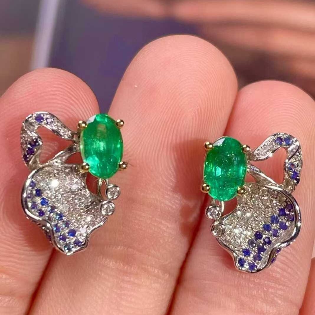 14k Gold 1 Ct Natural Emerald & Diamond & Sapphire Earrings - 5
