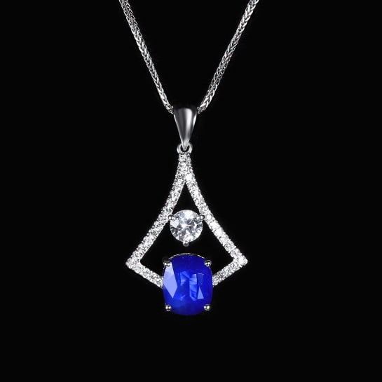 14k Gold 1.72 Ctw Natural Sapphire & Diamond Pendant( Without Chain ): Ref:231040002 // gold content:14k gold // main gemstone:sapphire // shape:oval // carat weight:1. 55ct // color:royal blue // treatment:natural // // adjacent gemstone 2 : diamond // number of