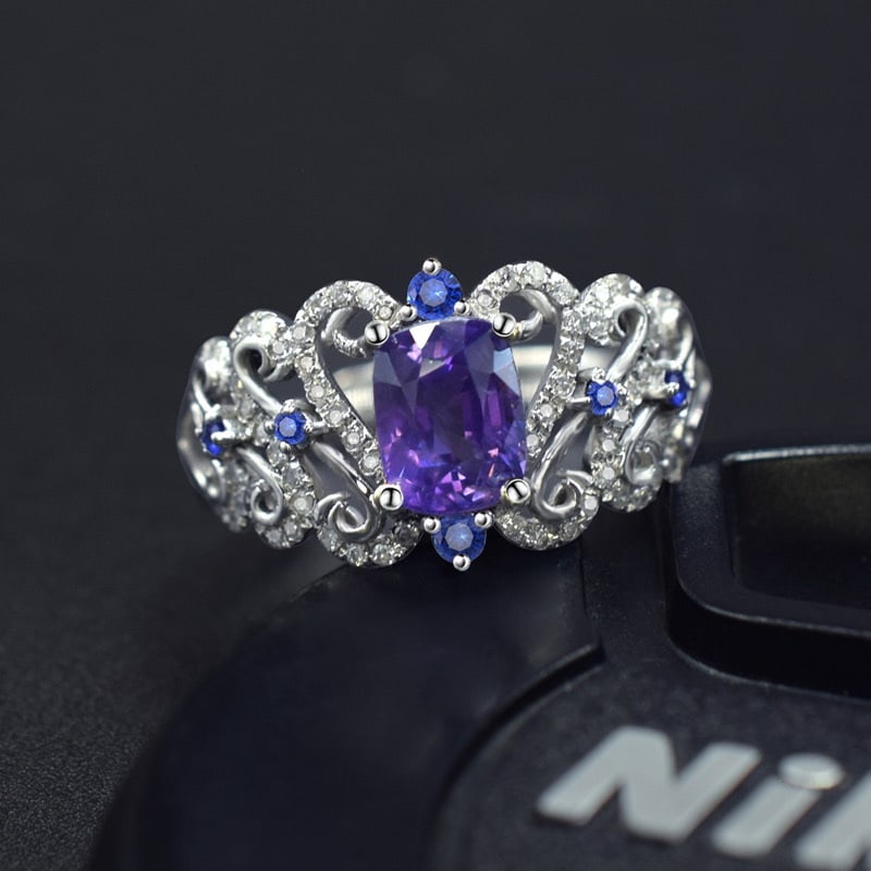 14k Gold 1.38 Ctw Natural Sapphire & Diamond Ring: Ref:231040007 // gold content:14k gold // ring size:7. 25us // // main gemstone:sapphire // shape:cushion // carat weight:1. 16ct // color:purple // treatment:natural // // adjacent gemstone 2 :