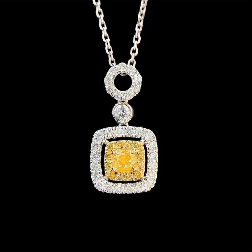 14k Gold 0.50 Ctw Natural Yellow Diamond & Diamond Pendant( Without Chain ): Ref:231040015 // gold content:14k gold // main gemstone:yellow diamond // shape:cushion // carat weight:0. 18ct // color:yellow // treatment:natural // // adjacent gemstone 2 : diamond // shape:round