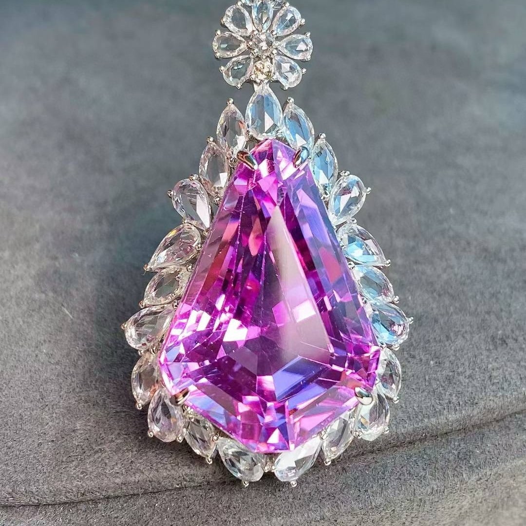 14k Gold 36.76 Ctw Natural Kunzite & Sapphire Pendant( Without Chain ) - 2