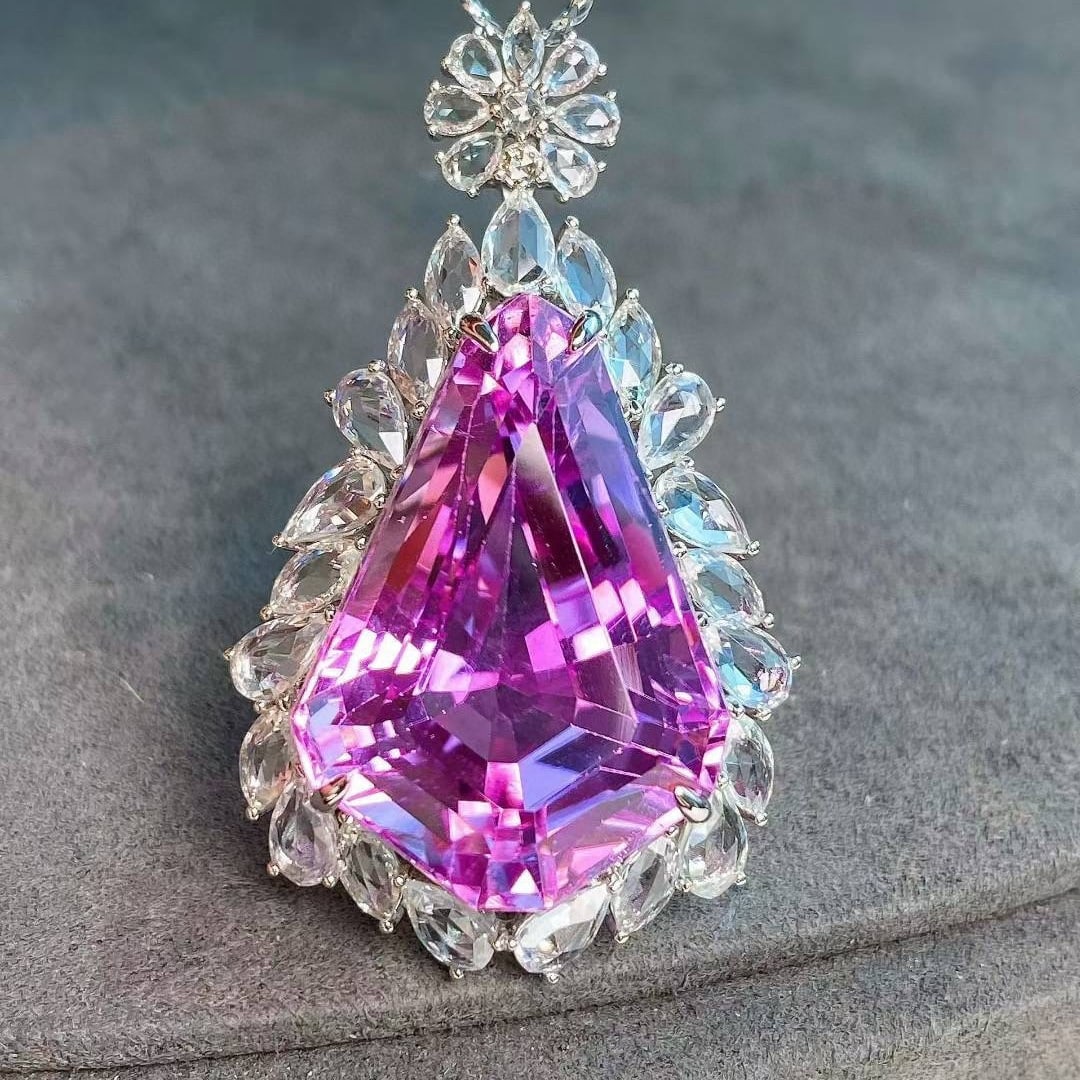 14k Gold 36.76 Ctw Natural Kunzite & Sapphire Pendant( Without Chain ) - 3