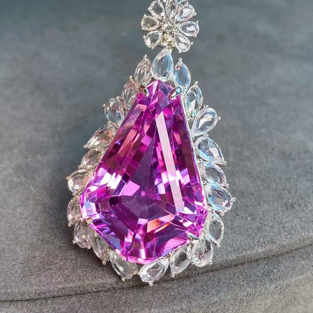 14k Gold 36.76 Ctw Natural Kunzite & Sapphire Pendant( Without Chain ) - 4