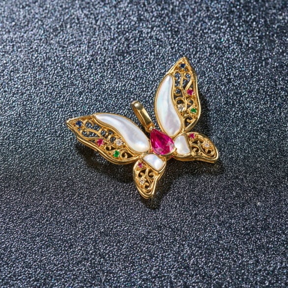 14k Gold 0.48 Ctw Natural Ruby & Diamond & Butterfly Pendant( Without Chain ) - 2