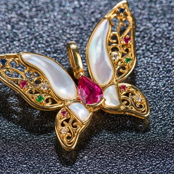 14k Gold 0.48 Ctw Natural Ruby & Diamond & Butterfly Pendant( Without Chain ) - 5