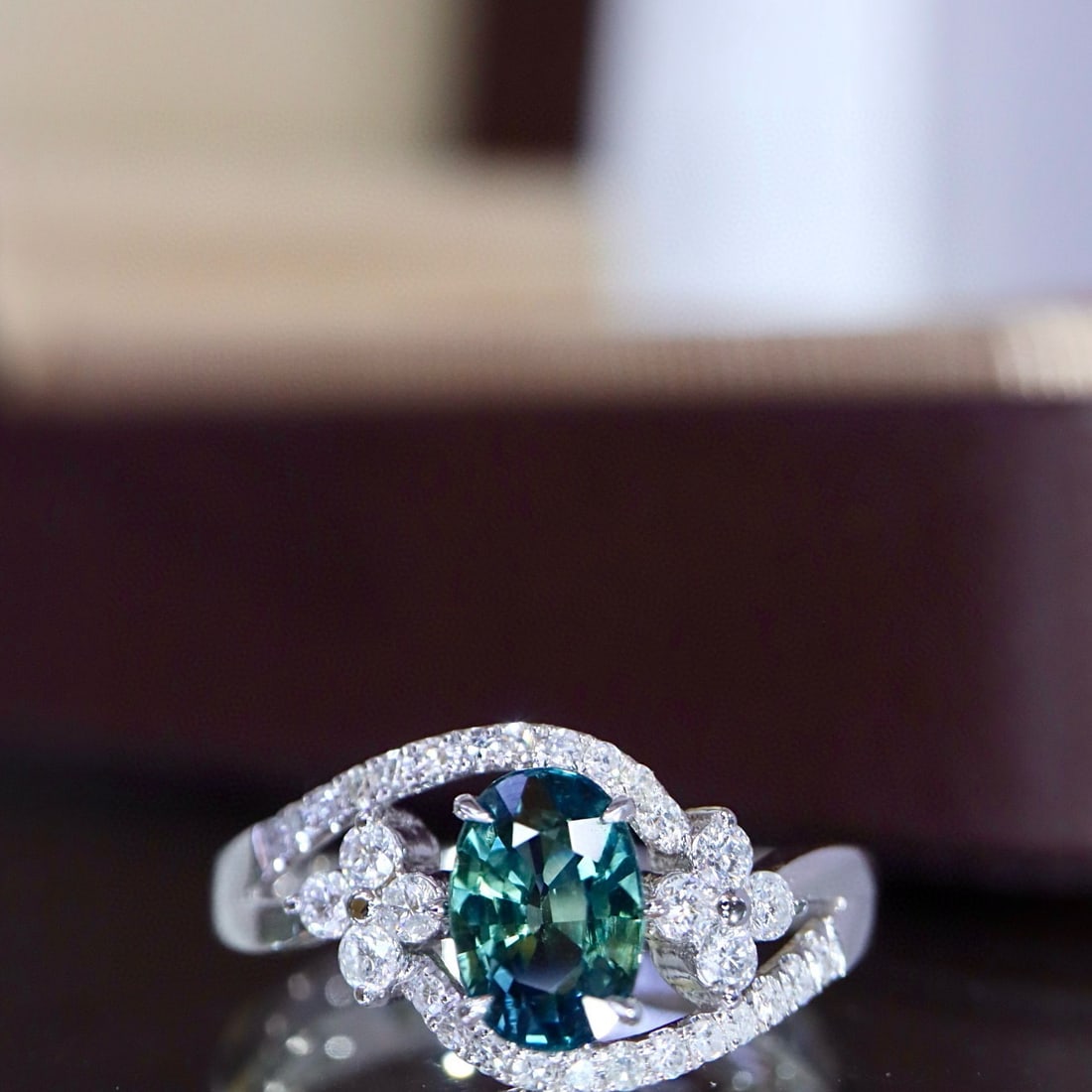14k Gold 1.48 Ctw Natural Sapphire & Diamond Ring: Ref:231040075 // gold content:14k gold // ring size:7. 25us // // main gemstone:sapphire // shape:oval // carat weight:1. 21ct // color:greenish blue // treatment:natural // // adjacent gemstone 2 :