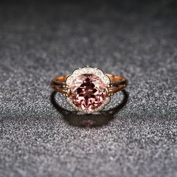 14k Gold 3.2 Ct Natural Tourmaline & Diamond Ring: Ref:231040076 // gold content:14k gold // ring size:7. 25us // // main gemstone:tourmaline // shape:round // carat weight:3. 2ct // color:pink // treatment:natural // cut grade:g // // adjacent