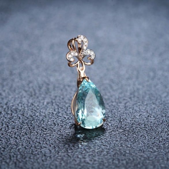 14k Gold 3.95 Ct Natural Aquamarine & Diamond Pendant( Without Chain ) - 2