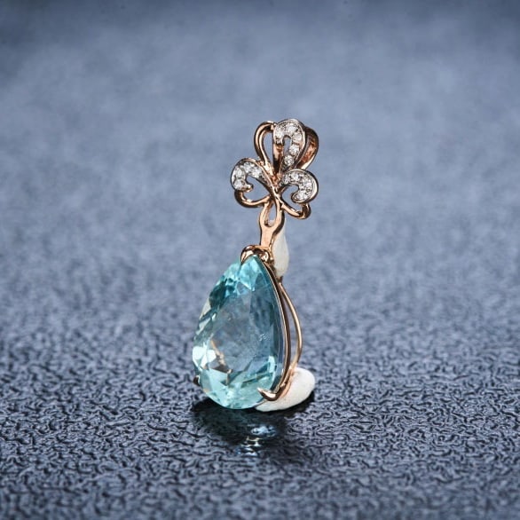 14k Gold 3.95 Ct Natural Aquamarine & Diamond Pendant( Without Chain ) - 3