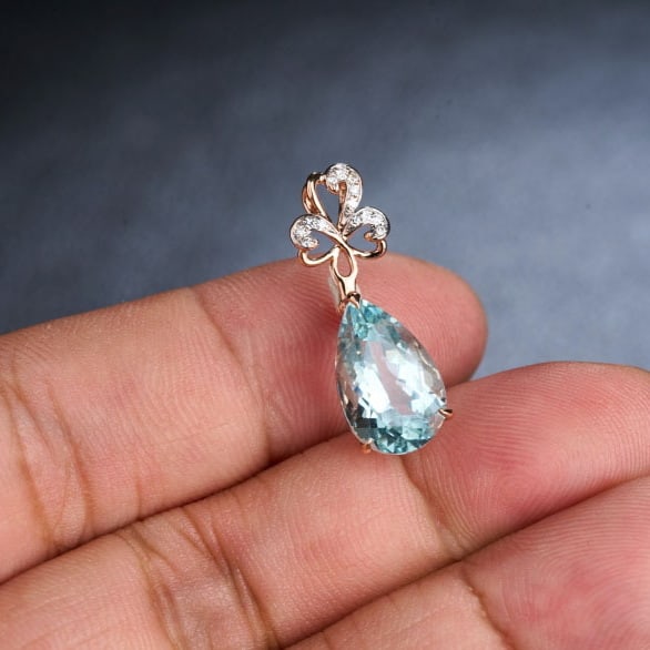 14k Gold 3.95 Ct Natural Aquamarine & Diamond Pendant( Without Chain ) - 6