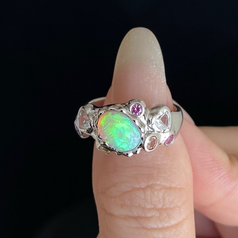 14k Gold 1 Ct Natural Opal & Sapphire Ring - 2