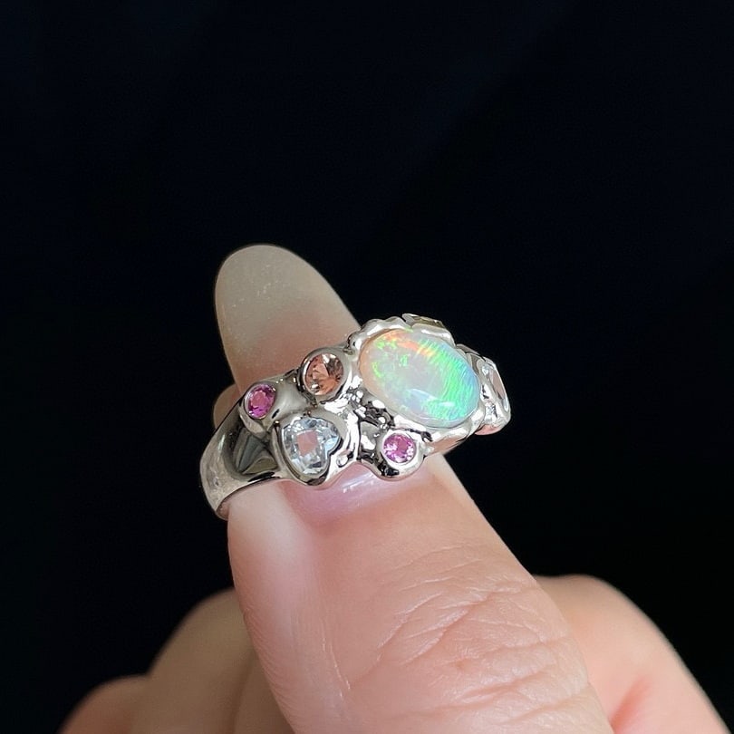 14k Gold 1 Ct Natural Opal & Sapphire Ring - 3