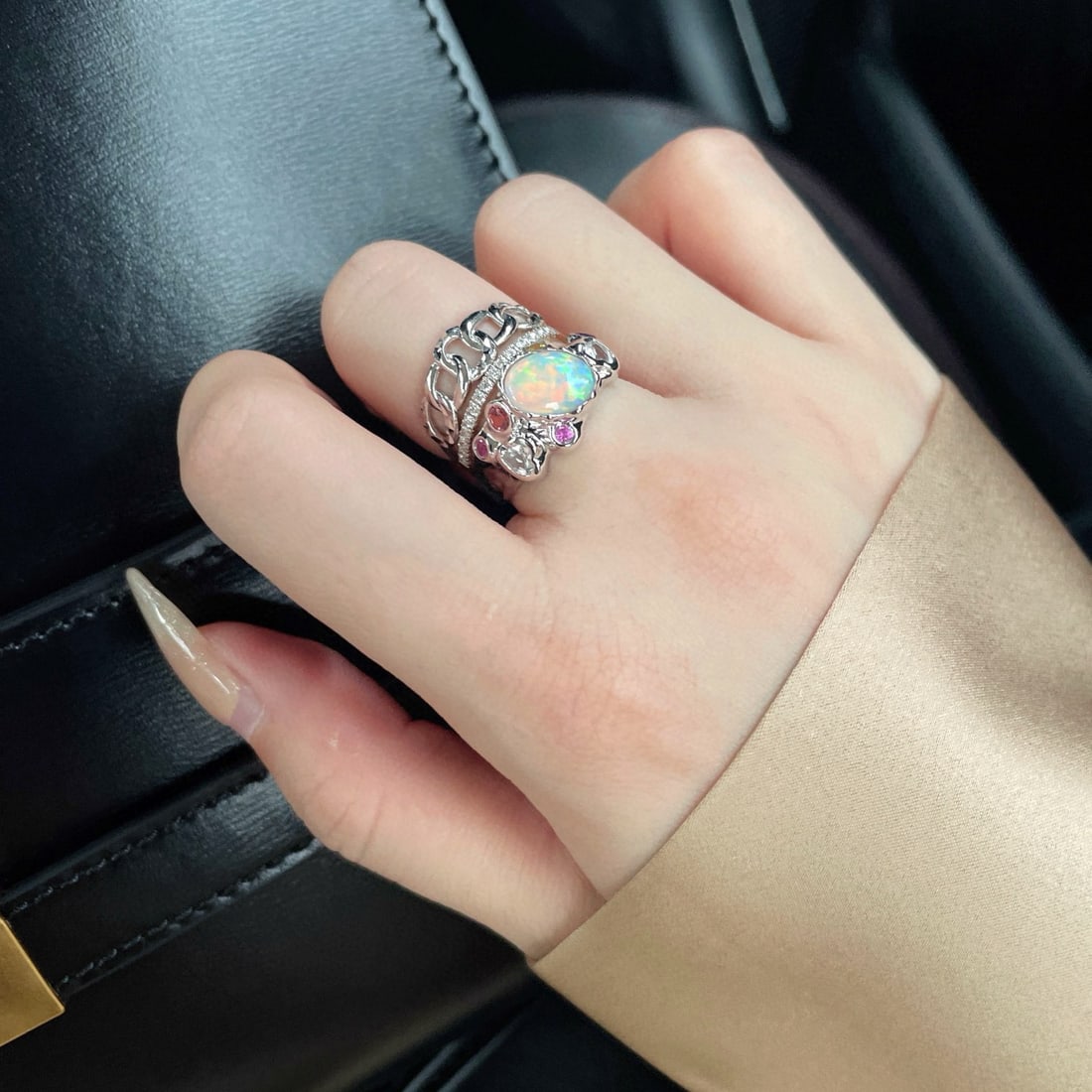 14k Gold 1 Ct Natural Opal & Sapphire Ring - 5