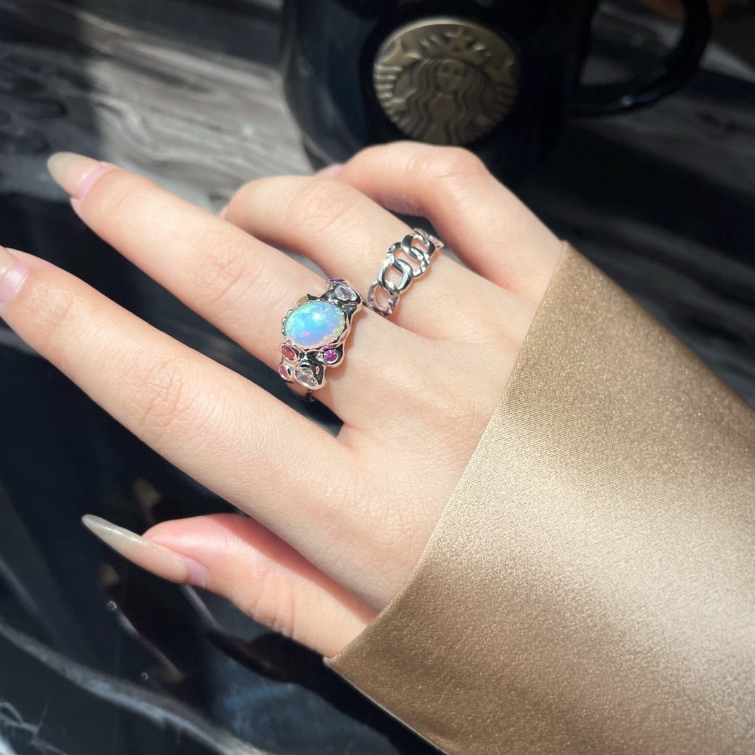 14k Gold 1 Ct Natural Opal & Sapphire Ring - 6
